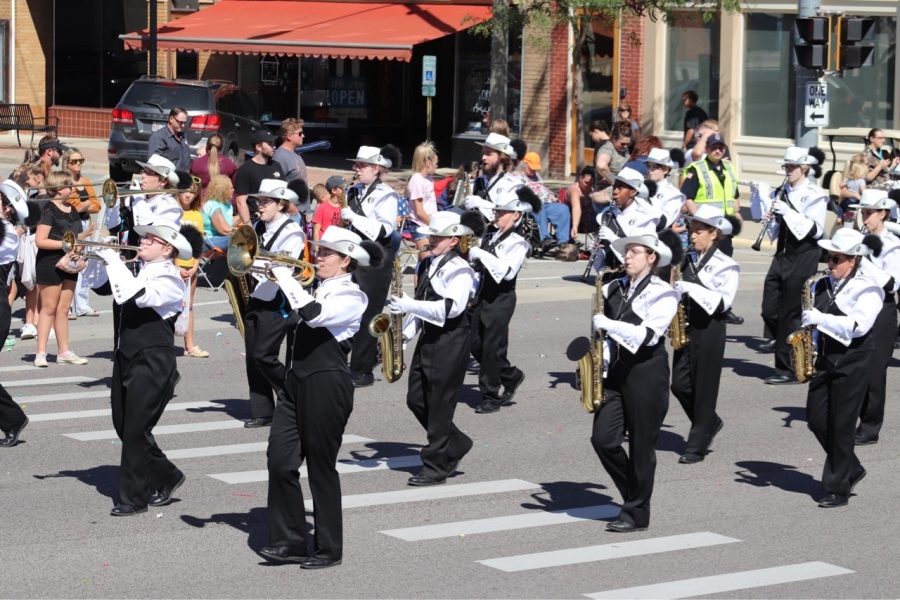 Photo Taken by David Gray. The Carbondale Marching Terriers marching in a parade at Mount Vernon playing New Rules and Dont Start Now by Dua Lipa.