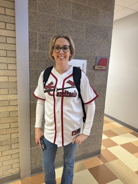 Yearbook Advisor Mrs. Brandi Jones wearing her Cardinals jersey. 