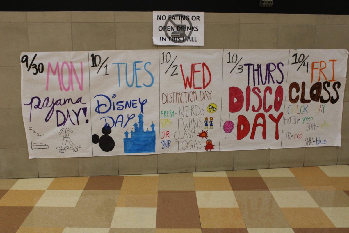 Sign for the Spirit week themes for homecoming 2024