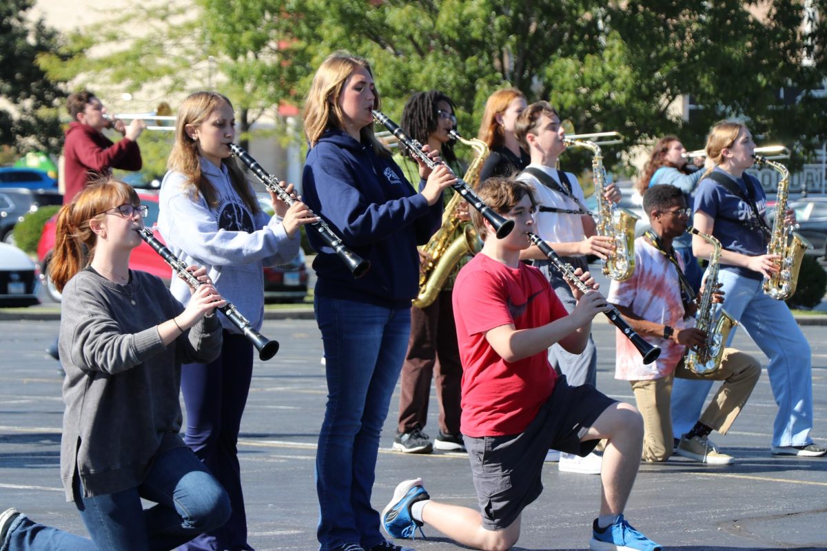 Photo taken by Joshua Ramirez. The Marching Terriers's woodwind section takes the lead during the band's outdoor rehearsals.